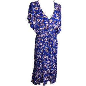 Blue floral ruffle sleeve maxi dress, small
